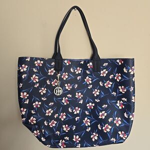 Tommy Hilfiger Tote Bag Navy Floral Stripes White Pink Charm Beach Travel 18x14"